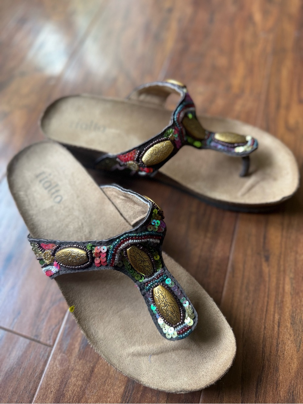 Rialto Multicolor Sequin Thong Sandals with Gold Medallions